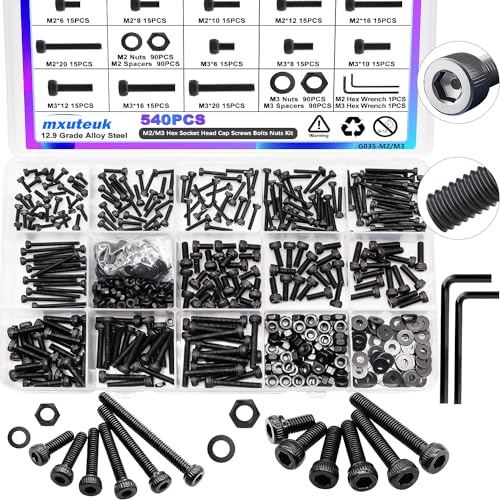mxuteuk 540PCS M2 M3 Metric Screws Assortment Set Suitable for 3D Printer DIY,Hex Socket Head Cap Screws Bolts Nuts Kit,12.9 Grade Alloy Steel Black Zinc Plated Assorted Screws with Hex Wrench - size: 540PCS M2 M3