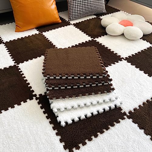 12pcs Tiled Puzzle Play Mats Interlocking Shaggy Soft EVA Foam Mats Protective Floor for Children Kids Room Home Parlor Bedroom(Brown) - color: Brown