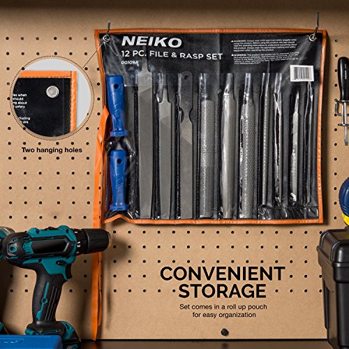 Neiko 00109A Metal File and Rasp Set | 12 Piece, 10, 8, and 6 Inch Extra Slim Flat, Half, Mill, and Round Files Set | Non Slip PVC Handle, Wood File | Heat Treated Carbon Steel Two Way File