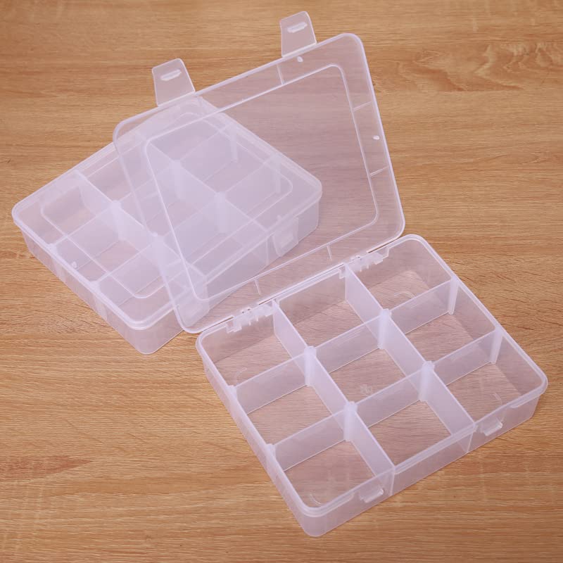 2 Pcs 9 Grids Clear Organizer Box Plastic Storage Container with Adjustable Dividers for Electronics Jewelry Beads Art DIY Crafts Fishing Small Parts - color: 2 Pcs 9 Grids