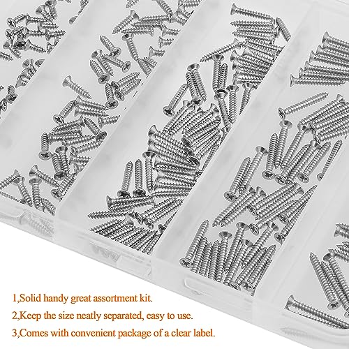 #2 x 1/4" 3/8" 1/2" 5/8" 3/4" Wood Screws Set, HELIFOUNER 240 Pieces Phillips Countersunk Head Self-Tapping Screws Assortment Kit, Phillips Flat Head Wood Screws, 304 Stainless Steel - size: #2