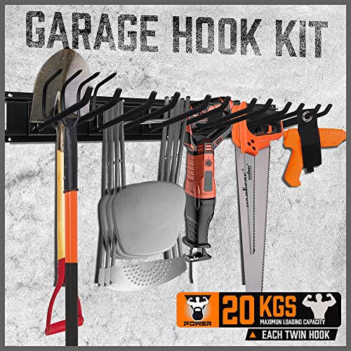 HORUSDY 64-Inch Heavy Duty Garage Organization Rack, 14 Packs Max Load 600LB, 4 Packs Rails and 9 Adjustable Hooks, Tool Organizer Rack with Heavy Double Hooks Tracks