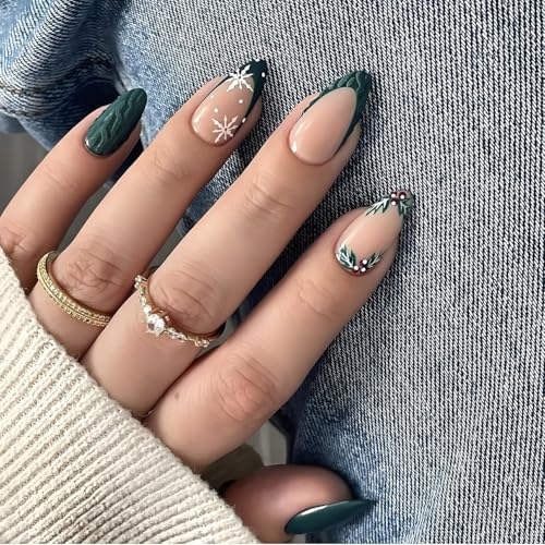 LPOODDNU Christmas Press on Nails Almond - Green French Tip Medium Fake Nails with Snowflake Designs, Glossy Finished Reusable False Nails with Adhesive Glue Tabs - 24Pcs Nail Kit for Women Manicure - color: green french christmas