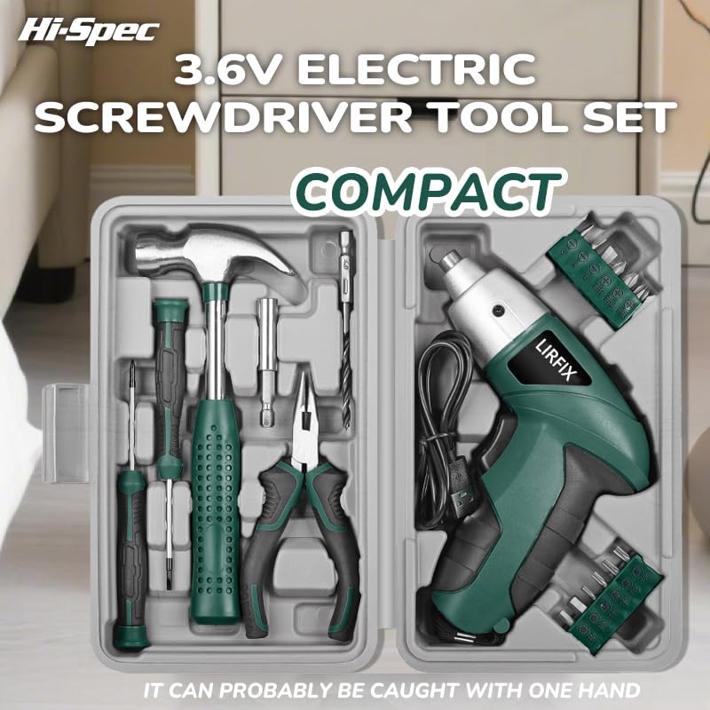 20-Piece Green 3.6V Electric Household Hardware Tool Set - Compact USB Rechargeable Low-Power Screwdriver, Pliers, Claw Hammer, Screwdriver Bits