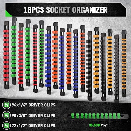 SWANLAKE Socket Organizer Set 18-Piece, 1/4-Inch x 96 Clips, 3/8-Inch x 90 Clips, 1/2-Inch x 72 Clips, Socket Organizer for Tool Box Drawer, Drive Socket Trays, Socket Holder Clip Rail - style: 18 PCS