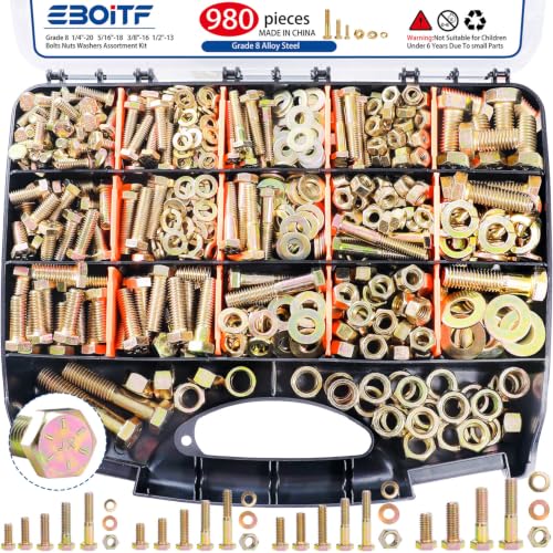 980cs Grade 8 SAE Bolts and Nuts Assortment Kit, 1/4-20, 5/16-18, 3/8-16, 1/2-13 Heavy Duty Hex Bolts and Nuts Kit, Assorted Nuts, Bolts, Flat & Lock Washers, Yellow Zinc Plated, Length from 1/2"-2" - size: 980PCS 1/4-20, 5/16-18, 3/8-16, 1/2-13