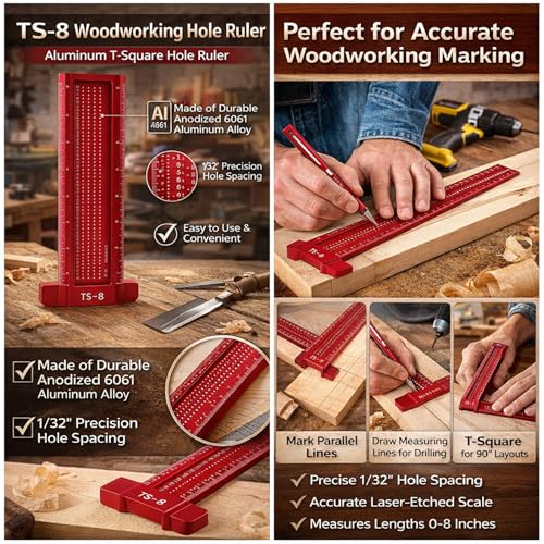 TS-8 Precision Marking T-Rule Aluminum Alloy Hole Positioning Scribing Gauge Woodworking Ruler Marking Gauge Measuring Tool(Red)