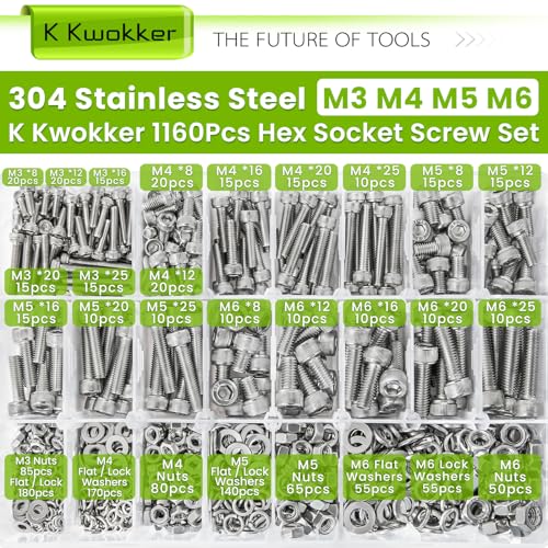 M3 M4 M5 M6 Hex Socket Bolt & Nut Assortment Kit, 1160Pcs - size: D. M3 M4 M5 M6