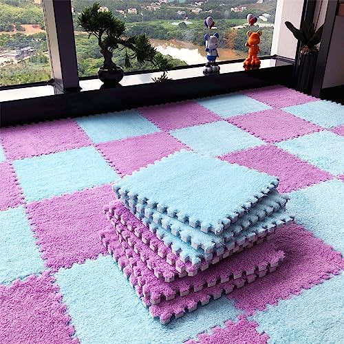 12pcs Tiled Puzzle Play Mats Interlocking Shaggy Soft EVA Foam Mats Protective Floor for Children Kids Room Home Parlor Bedroom(Lightblue) - color: Lightblue