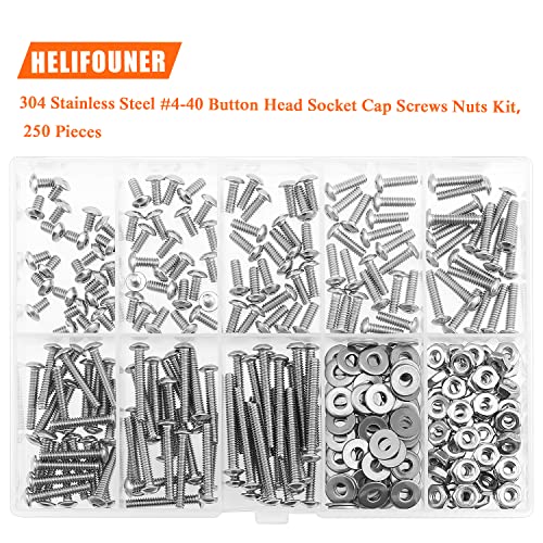 HELIFOUNER 250 Pieces #4-40 x 3/16" 1/4" 5/16" 3/8" 1/2" 5/8" 3/4" 1", Button Head Socket Cap Screws Bolts Washers Nuts Kit, Coarse Thread, Fully Machine Threaded, 304 Stainless Steel - size: #4-40, style: Button Head