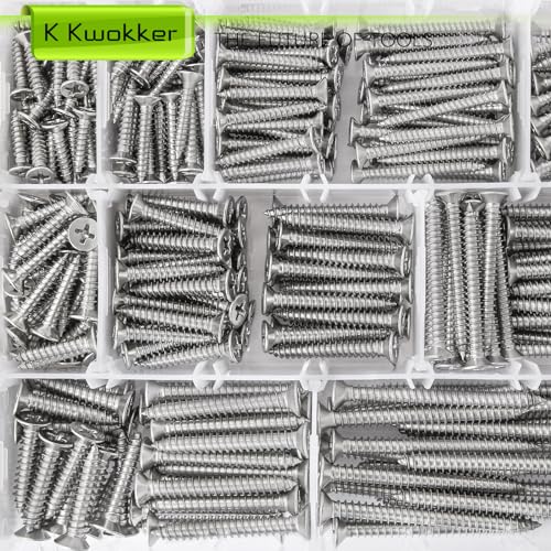 540Pcs #6#8#10 Self Tapping Screws Wood Screws Assortment Kit Phillips Tips Flat Head Drywall Screws, 17 Sizes Set Screw Assortment Kit, 304 Stainless Steel, Length 1/2" to 3", Silver - size: C. #6- #10