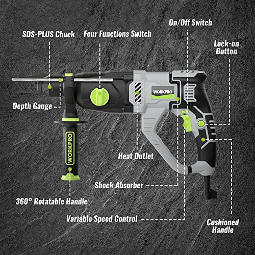 WORKPRO 1-1/4 Inch SDS-Plus Rotary Hammer Drill, 7.5AMP, Lightweight Corded Version for Concrete Demolition Chipping Rotomartillo, 5 SDS-Plus Bits - style: 7.5AMP