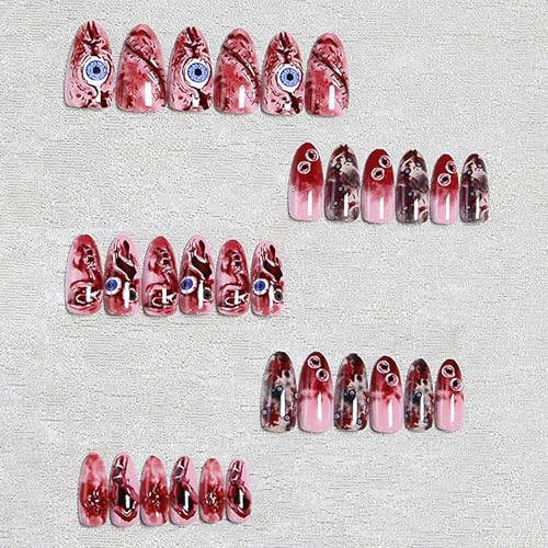 Halloween Press on Nails Almond - Medium Tip Fake Nails with Terrifying Eyes Designs,Glossy Finish Reusable False Nails for Women Manicure(3D Embossed design 13) - color: 3D Embossed design 13