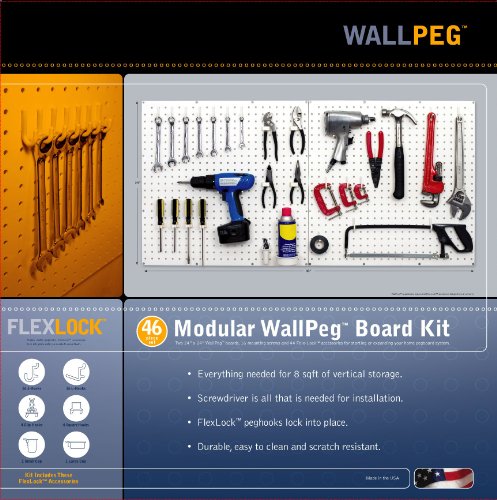 WallPeg Pegboard Panel and Accessory Kit – 3 Count Large White Peg Board Panels with 36 Self-Locking FlexLock Peg Hooks for Home, Garage, Tool Storage