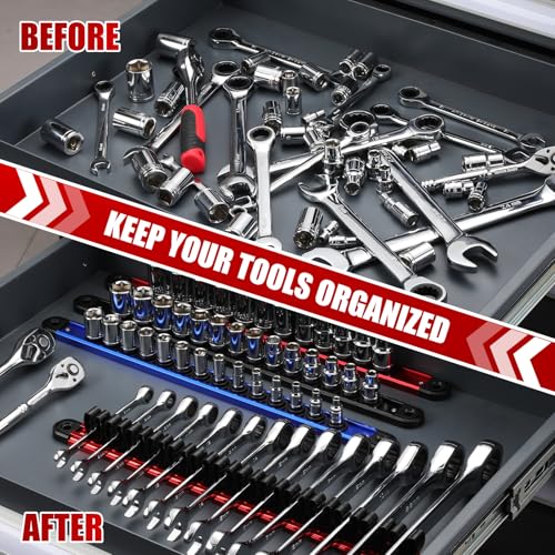 EMENTOL 8-Piece Magnetic Socket Organizer and Screwdriver Organizer Set, 6-Piece Detachable Trays for 1/4", 3/8", 1/2" Sockets & 2-Piece Screwdriver and Wrench Holder, Aluminum Alloy Storage for Tools - size: 8-Piece Set