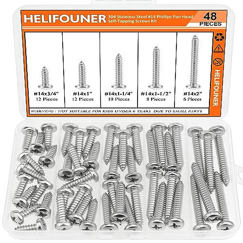 #14 x 3/4" 1" 1-1/4" 1-1/2" 2" Wood Screws Set, HELIFOUNER 48 Pieces Phillips Pan Head Self-Tapping Screws Assortment Kit, Phillips Pan Head Wood Screws, 304 Stainless Steel - size: #14