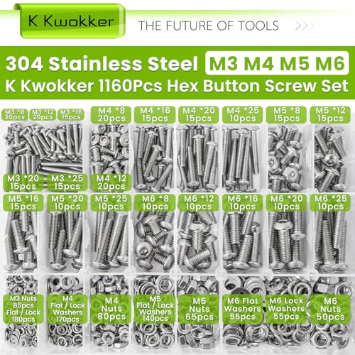 M3 M4 M5 M6 Nuts and Bolts Assortment Kit 20 Size 8MM to 25MM 304 Stainless Steel Hex Button Head Cap Metric Machine Screws, 1160Pcs Silver Bolts and Nuts Kit with Lock Washers for Screws - size: J. M3 M4 M5 M6
