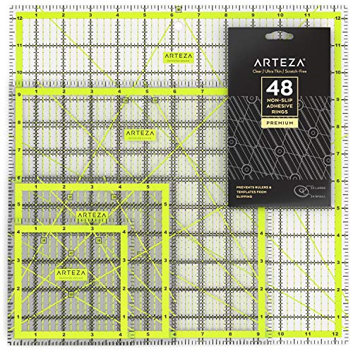 ARTEZA Quilting Rulers Set of 4, Acrylic Square Quilting Rulers for Sewing and Fabric Cutting, 4.5 x 4.5, 6 x 6, 9.5 x 9.5, 12.5 x 12.5 Inch, Dual-Color Grid, 30/45/60 Degree, 48 Non-Slip Rings - size: 4.5 x 4.5, 6 x 6, 9.5 x 9.5, 12.5 x 12.5 in