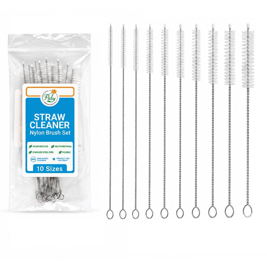 8-Inch Nylon Straw Cleaning Brushes, 10-Pack, Flexible Stainless-Steel Wire Tube Brushes, Non-Scratch and Rust-Resistant, for Reusable Straws, Bottles and Narrow Tubes