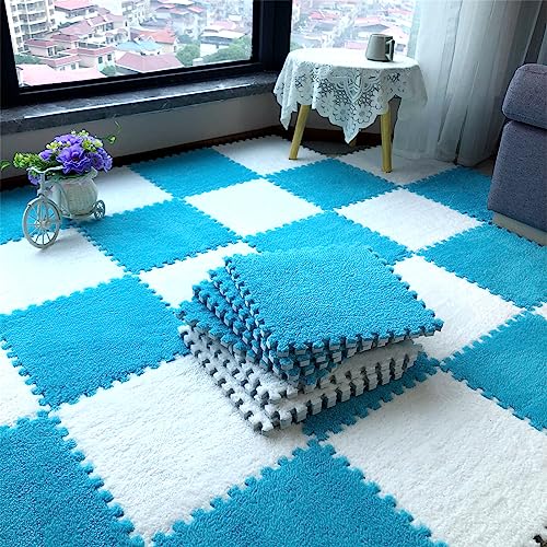 12pcs Tiled Puzzle Play Mats Interlocking Shaggy Soft EVA Foam Mats Protective Floor for Children Kids Room Home Parlor Bedroom Blue Anti-Fatigue - color: Blue