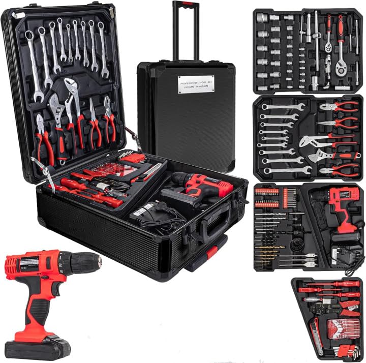 346pcs Tool Sets,18V Electric Power Drill Set, Cordless Drill for Men, Household Home DIY Hand Tool Kits,18+1 Clutch Cordless Power Drill Set for Thanksgiving, Christmas,Father's Day (Black) - color: Black
