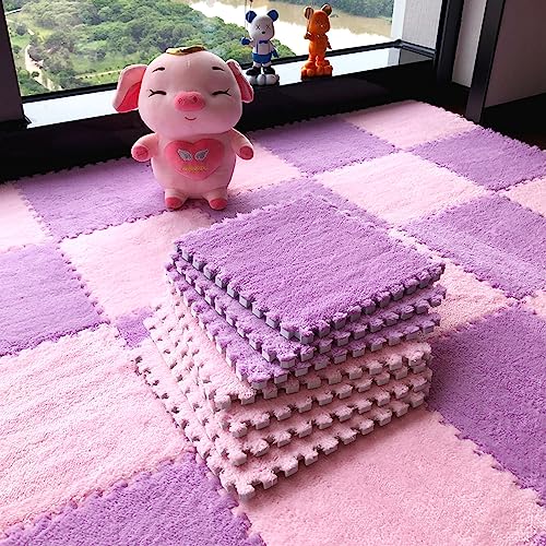 12pcs Tiled Puzzle Play Mats Interlocking Shaggy Soft EVA Foam Mats Protective Floor for Children Kids Room Home Parlor Bedroom Purple - color: Purple