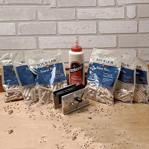 Complete Dowel Jig Kit w/ 3/16",1/4",5/16",3/8",7/16" & 1/2" Sizes – Woodworking Kit Includes Self Centering Dowel Jig, Titebond Wood Glue, & Dowel Pins – Nickel Plated Rust Preventing Centering Tool