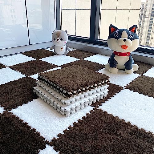 12pcs Tiled Puzzle Play Mats Interlocking Shaggy Soft EVA Foam Mats Protective Floor for Children Kids Room Home Parlor Bedroom(Brown) - color: Brown