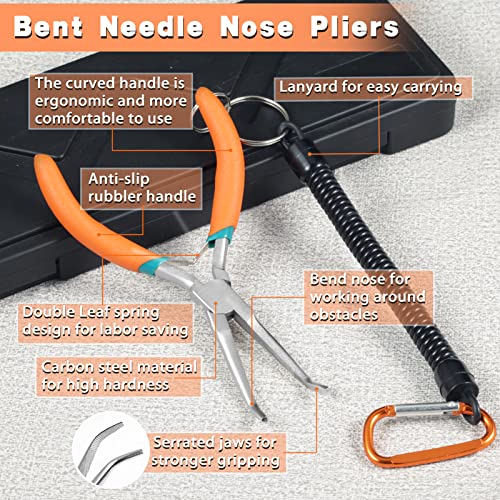 Small Bent Needle Nose Pliers for Jewelry Making 5.5 Inches Angled Needle Nose Pliers With Serrated Jaw Needle Remover Pliers With Lanyard Curved Handle Working In Tight Spaces - style: Bent Needle Nose Plier