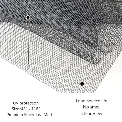 New Window Screen Replacement,48"x118" Screen Repair Kit for Window, Charcoal Fiberglass Mesh with Rolling Tool/Hook/Ruler/Cutter/Spline,Sliding Screen Door Replacement for Window & Patio Doors