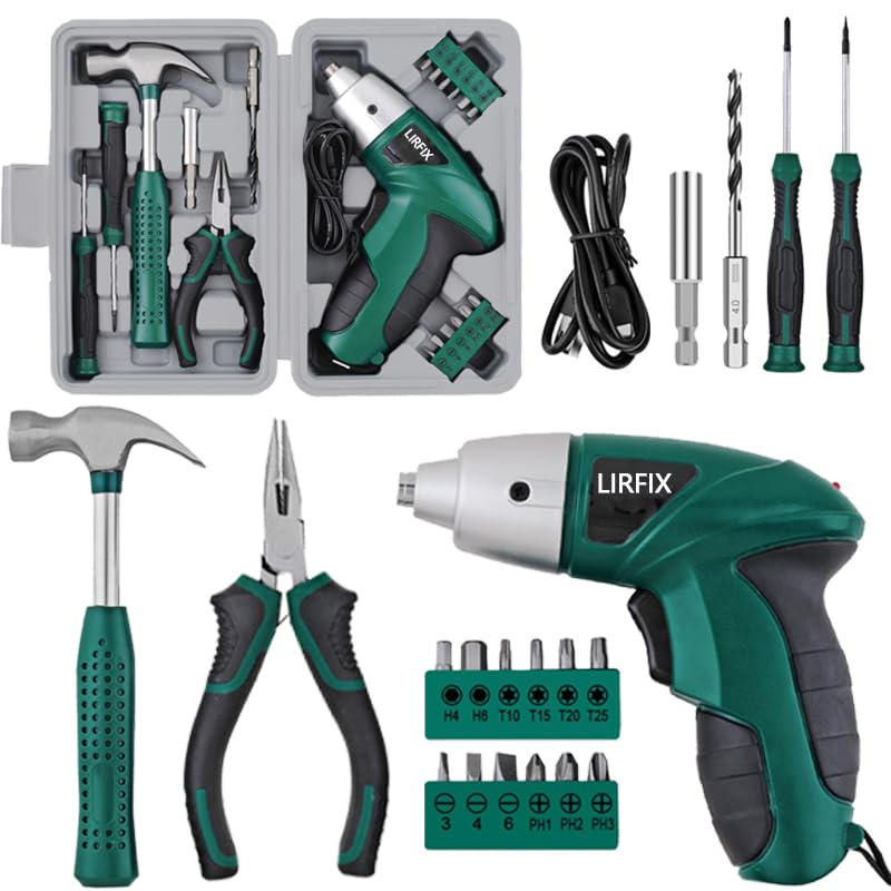 20-Piece Green 3.6V Electric Household Hardware Tool Set - Compact USB Rechargeable Low-Power Screwdriver, Pliers, Claw Hammer, Screwdriver Bits