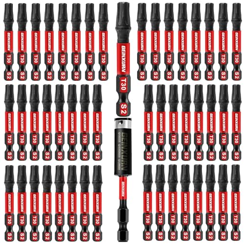 Geinxurn 51 Pieces T30 Impact Tough Magnetic Screwdriver Bit Set, 1 In. #30 Torx Head Power Bit Set, S2 Alloy Steel T30 Star Bit with 1Pcs Impact Bit Holder - size: 2"-51PCS, style: T30