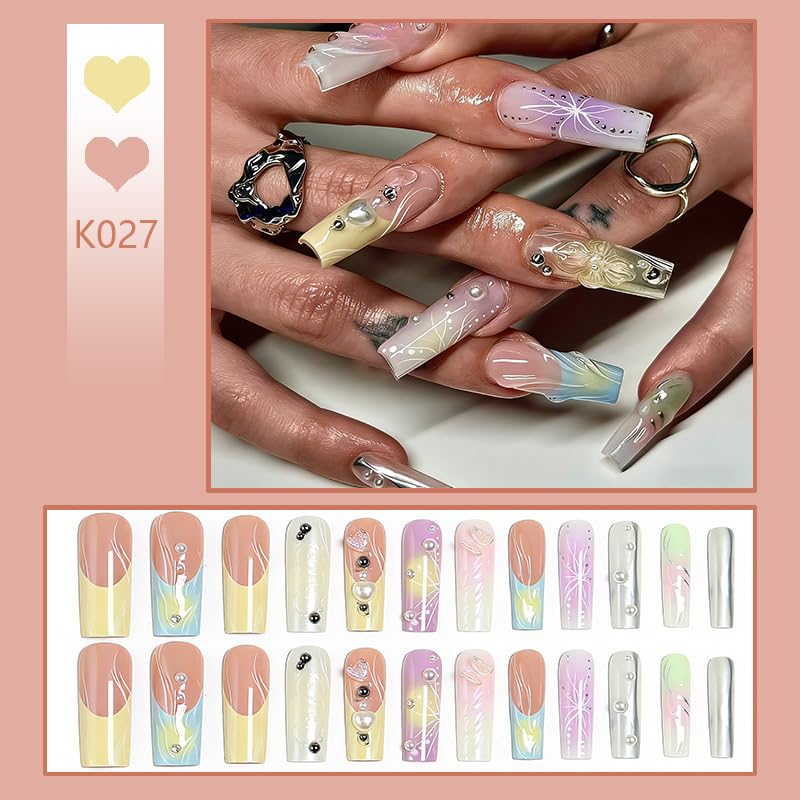 3D Press on Nails Almond - Long French Tip Fake Nails with Embossed Love&White Bead Designs, Glossy Finish Reusable False Nails for Women Manicure(3D Embossed design 16) - color: 3D Embossed design 16