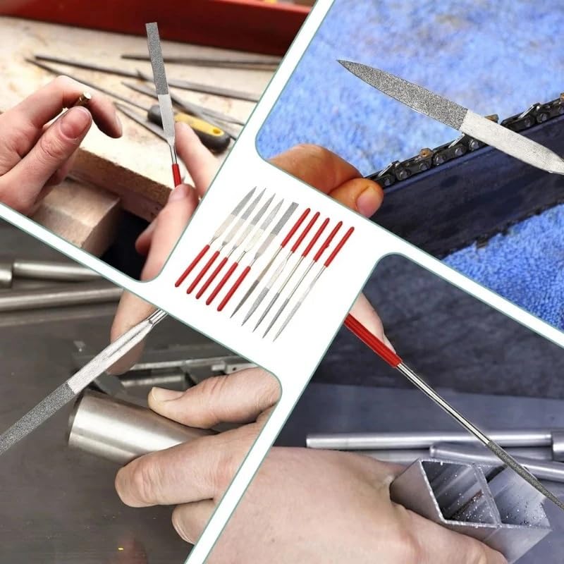 10-Piece Diamond Needle File Set 3x140mm Small Metal Riffler Files Jewelers File Precision Hand Tools for Glass Wood Stone Jewelry - Round Triangular Square Flat Shape