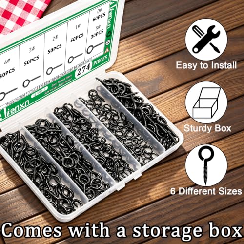 274PCS Black Eye Screws Kit, 0# -5# Eyelet Screw for Wood - color: Black, size: 0#-5#