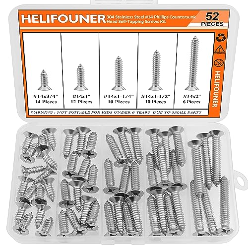 #14 x 3/4" 1" 1-1/4" 1-1/2" 2" Wood Screws Set, HELIFOUNER 52 Pieces Phillips Countersunk Head Self-Tapping Screws Assortment Kit, Phillips Flat Head Wood Screws, 304 Stainless Steel - size: #14