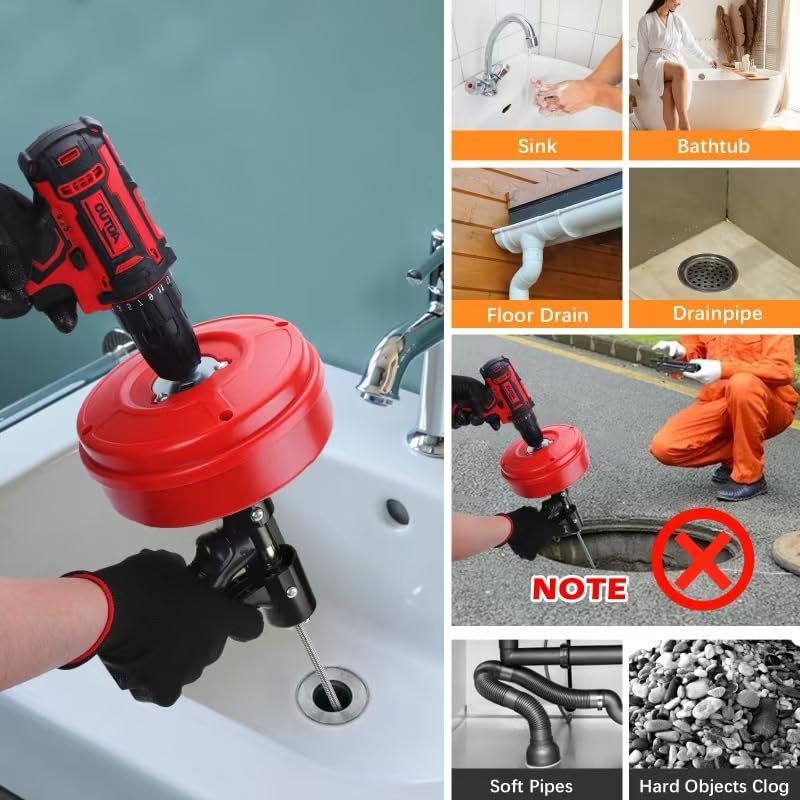 35 FT Double Mode Drain Snake Tools, 14-in-1 Drain Auger - color: 35ft-n-red&black