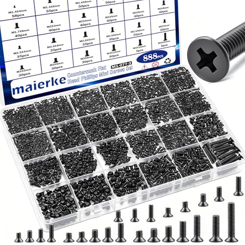 24Sizes 888Pcs Tiny Micro Laptop Computer Screw Kit M1.4/M1.7/M2/M2.5/M3/M4 Countersunk Flat Head Phillips Mini Repair Screws Set for Machinery, Furniture, Automotive, Motorcycle - size: 888pcs