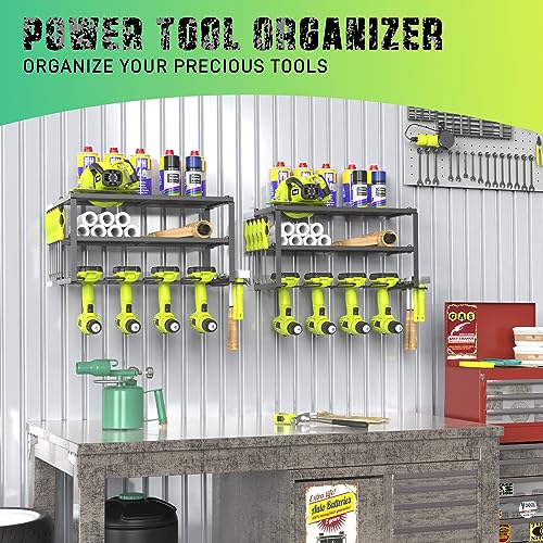 SUNALLY 3-Tier Heavy Duty Steel Power Tool Organizer, Matte Black, 3 Layers Tool Rack Cordless Drill, Floating Shelf Wall Mounted, 4 Drill Holders - style: 8 Drill Holders A