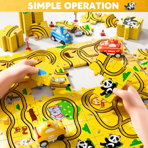 Beby Buty 64PCS Puzzle Race Cars Track Set Toys for Kids, Puzzle Racer Kids Car Track Set Ages 3-5 4-6, Toys Gifts for 3 4 5 Year Old Boys, 3 4 5 Year Old Boys Ideal Gift - style: 64 PCS Animal Theme