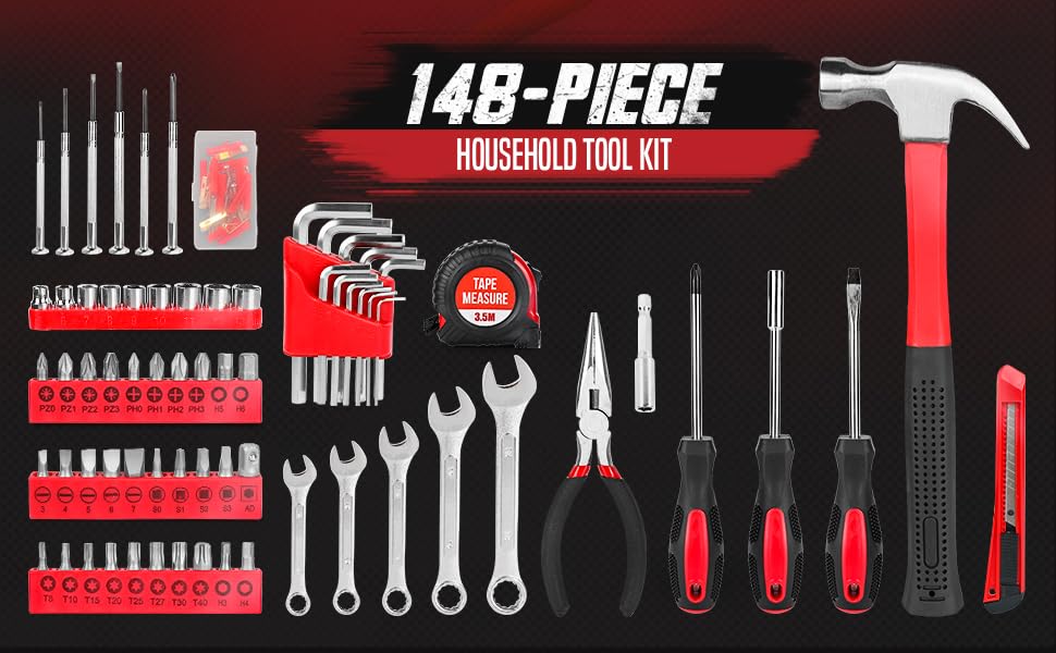 148-Piece Household Tool Kit with Sturdy Case – Carbon Steel Hand Tool Set for Home Repair, Apartment & Garage – DIY Toolbox for Men, Women & Beginners