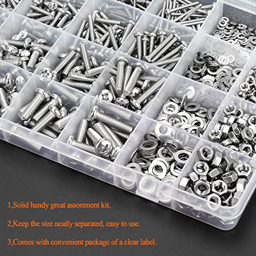 HELIFOUNER 1280 Pieces M2 M3 M4 M5 Phillips Pan Head Machine Screws, Flat Washers and Nuts Assortment Kit, 304 Stainless Steel - size: M2 M3 M4 M5