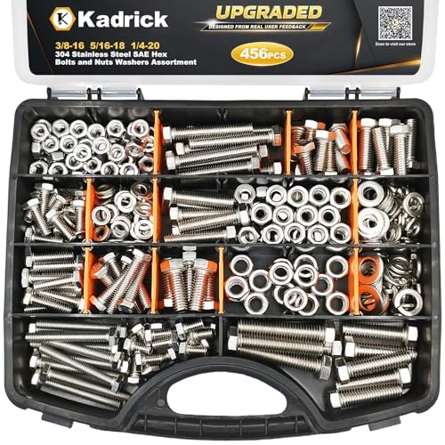KADRICK 456PCS Stainless Steel Bolt and Nut Kit,SAE 1/4-20 5/16-18 3/8-16 - size: 456Pcs Stainless SAE Hex Bolts