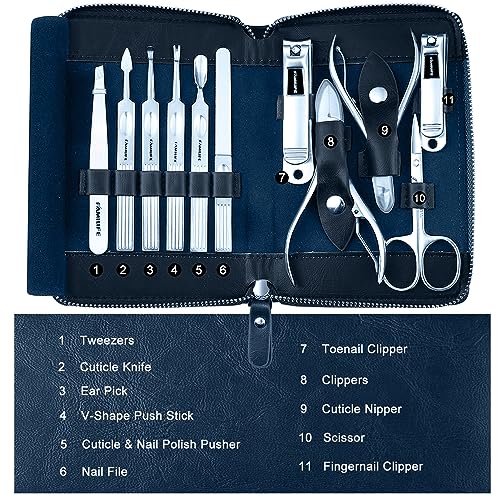FAMILIFE Stainless Steel Manicure Set 11-in-1 Professional Nail Clipper Kit | Portable Leather Travel Case, Pedicure & Grooming Tools for Fingernails & Toenails, Luxury Gift for Men & Women, Navy Blue - color: Navy Blue