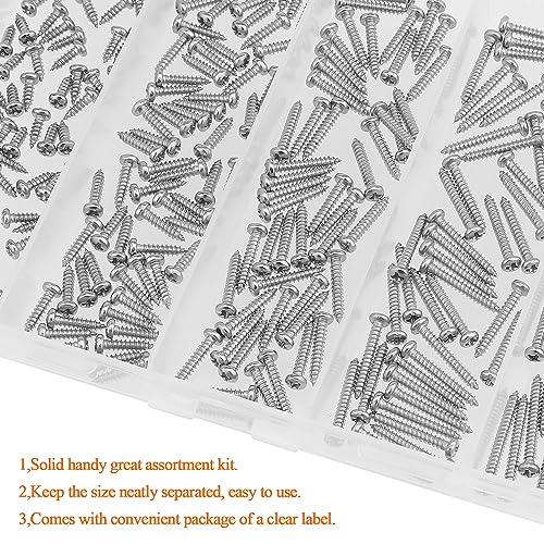 #2 x 1/4" 3/8" 1/2" 5/8" 3/4" Wood Screws Set, HELIFOUNER 250 Pieces Phillips Pan Head Self-Tapping Screws Assortment Kit, Phillips Pan Head Wood Screws, 304 Stainless Steel - size: #2
