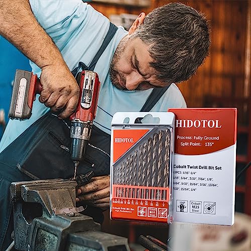 HIDOTOL 13 PCS Cobalt Drill Bit Set M35 HSS Twist Drill Bits 1/16"-1/4" for Hardened Metal, Stainless Steel, Cast Iron, Plastic and Wood - size: Cobalt 13 PCS