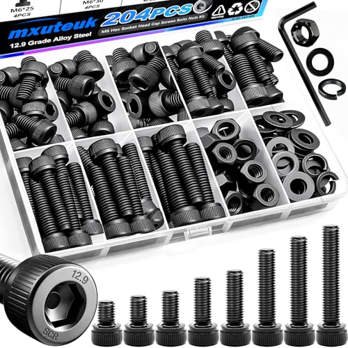 mxuteuk 204PCS M6 Screws,M6x8/10/12/16/20/25/30/35mm Hex Socket Head Cap Bolts with Nuts & Washers,12.9 Grade Alloy Steel Black Zinc Screws Assortment Kit for 3D Printing,DIY - size: 204PCS-M6