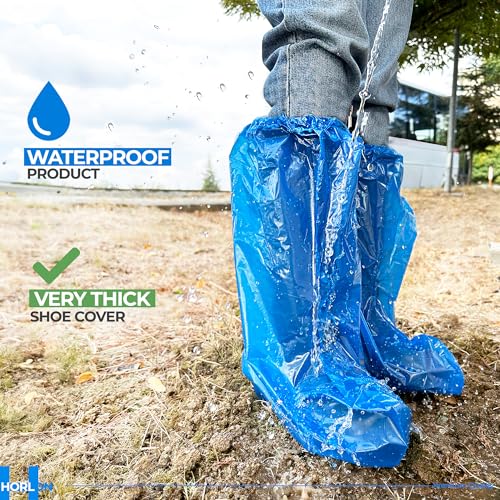 Large Thicker Boot And Shoe Covers Disposable Non-Slip 50 Pack (25 Pairs) Waterproof Durable Reusable Rain, Outdoor Indoors Overshoes, Fit Up To Men's 14, Blue, 20 Tall, Horlon