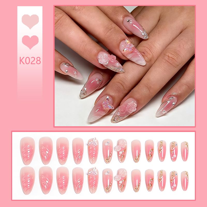 3D Pink Press on Nails Almond Medium French Tip Fake Nails with Embossed Flower Rose Butterfly&Charm Designs Glossy Finish Reusable False Nails 24Pcs Nail Kit for Women Manicure(3D Embossed design 2) - color: 3D Embossed design 2
