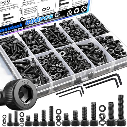 mxuteuk 888PCS Metric Screws Assortment,M4 M3 M2.5 M2 Screws Kit, Suitable for 3D Printing DIY, Grade 12.9 Alloy Steel Hex Socket Head Cap Bolts Nuts and Washers Kit, Black Zinc Plated - size: 888PCS M2 M2.5 M3 M4